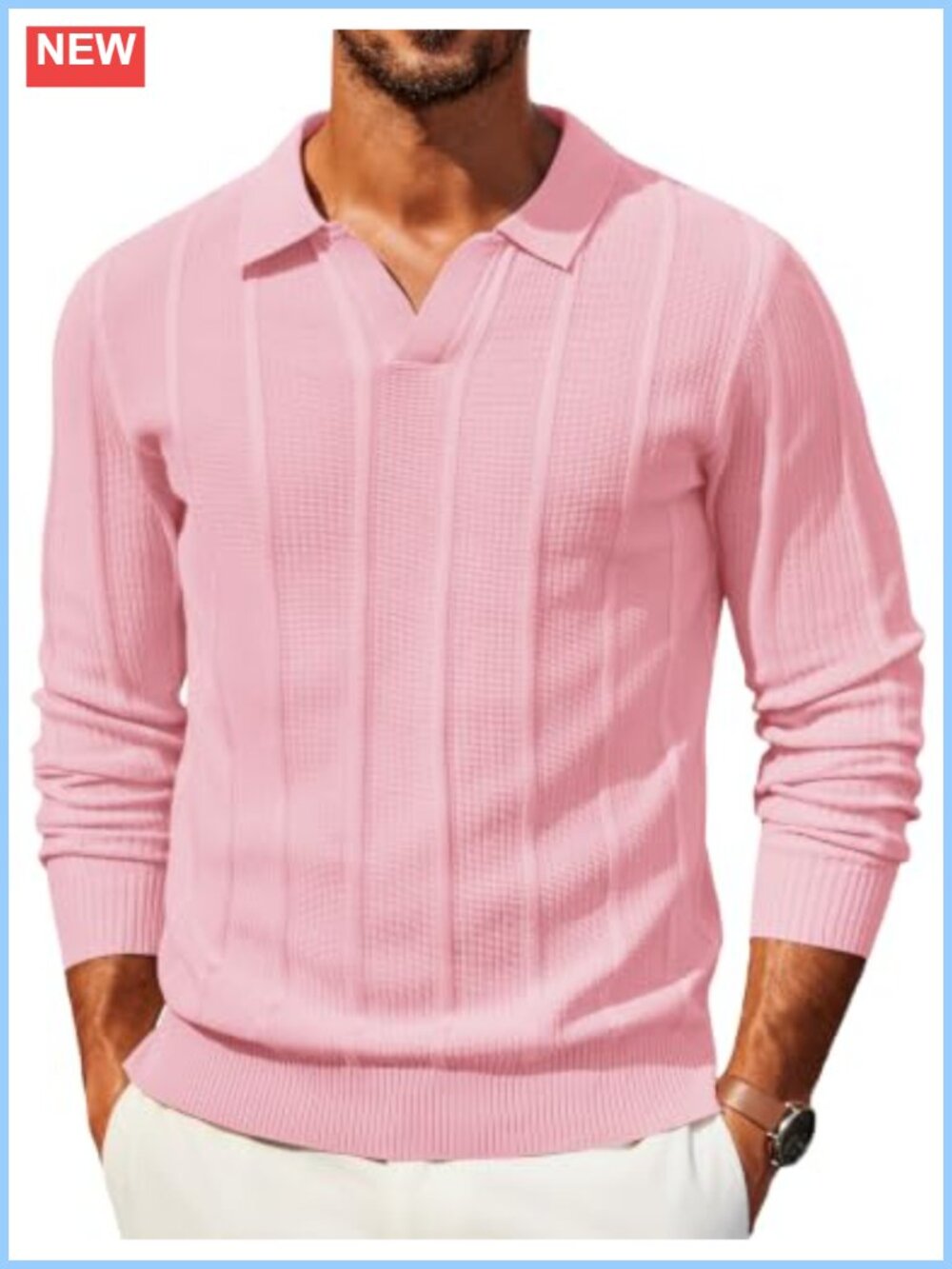 Men's Long Sleeve Knit Polo Sweater V-Neck Textured Pullover